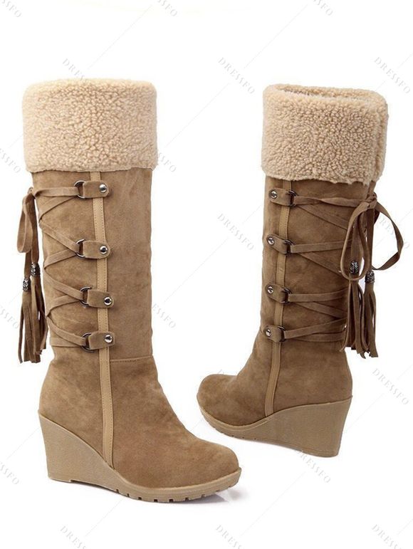 Winter Outfit Contrast Color Mock Horn Button Sweater Fleece-Lined Leggings and Boots Set - Bronze S | US 4