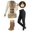Winter Outfit Contrast Color Mock Horn Button Sweater Fleece-Lined Leggings and Boots Set - Bronze S | US 4
