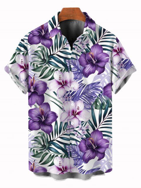 Chemise de vacances pour homme, imprimé floral et feuilles, à boutons
