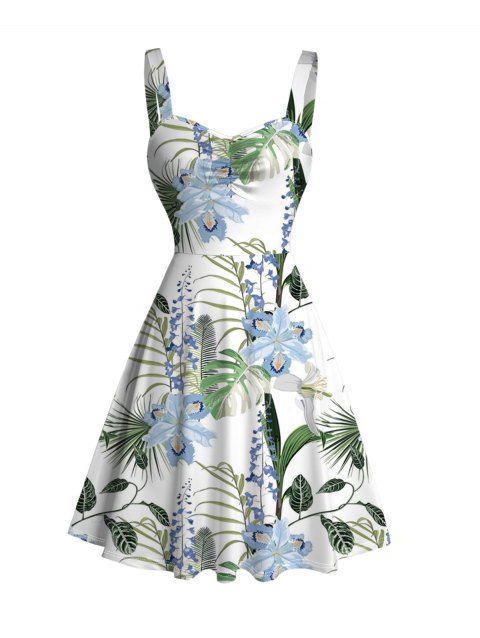 Robe de vacances à imprimé floral lavande et feuilles, buste froncé
