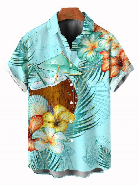 Chemise de vacances pour homme, imprimé floral coloré et feuilles de cocotier, à boutons