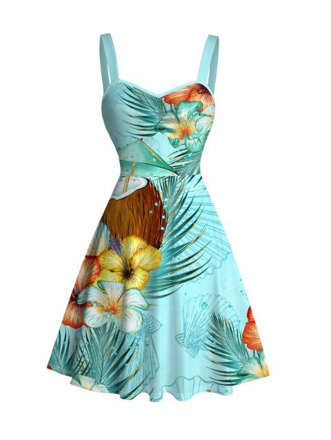 Robe de vacances mini froncée à imprimé floral coloré et feuilles de cocotier