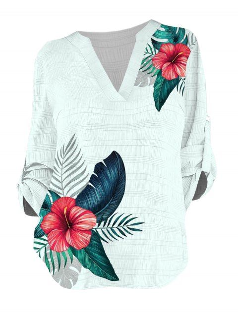 Chemise de vacances à manches retroussées, imprimé floral et feuilles colorées