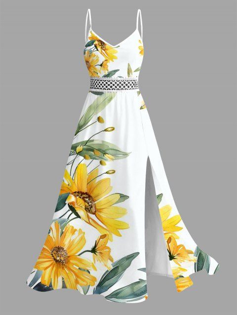 Robe de vacances imprimée de feuilles de tournesol, robe fendue et ajourée
