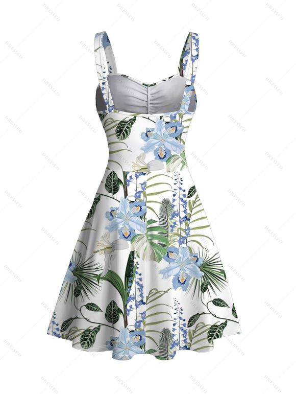 Robe de vacances à imprimé floral lavande et feuilles, buste froncé - Blanc S | US 4