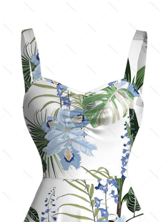 Robe de vacances à imprimé floral lavande et feuilles, buste froncé - Blanc S | US 4