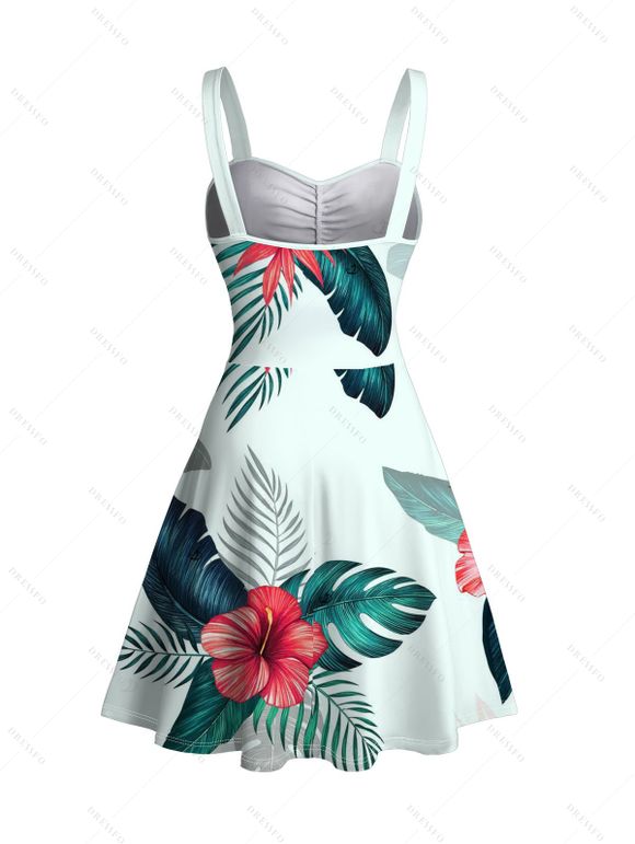 Robe de vacances à imprimé floral et feuilles, buste froncé - Vert clair XXXXXL | US 20