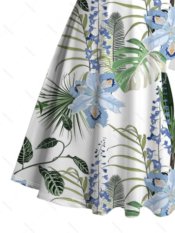 Robe de vacances à imprimé floral lavande et feuilles, buste froncé - Blanc S | US 4