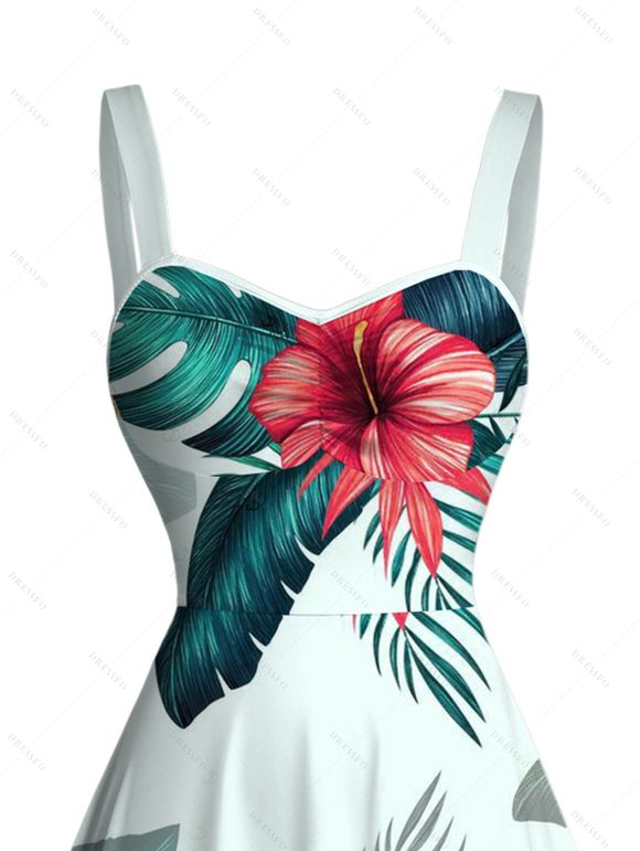 Robe de vacances à imprimé floral et feuilles, buste froncé - Vert clair XXXXXL | US 20