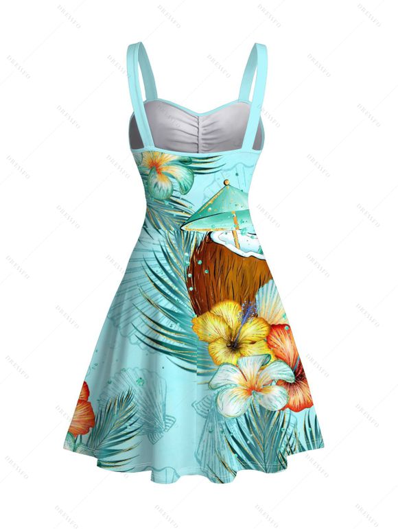 Robe de vacances mini froncée à imprimé floral coloré et feuilles de cocotier - Vert clair M | US 6