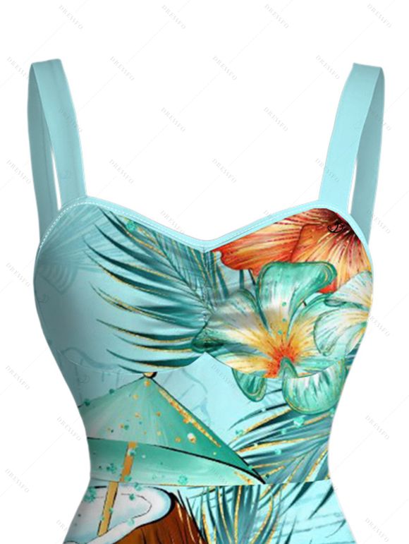 Robe de vacances mini froncée à imprimé floral coloré et feuilles de cocotier - Vert clair M | US 6