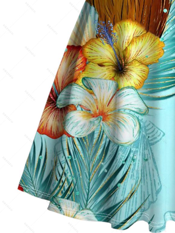 Robe de vacances mini froncée à imprimé floral coloré et feuilles de cocotier - Vert clair M | US 6