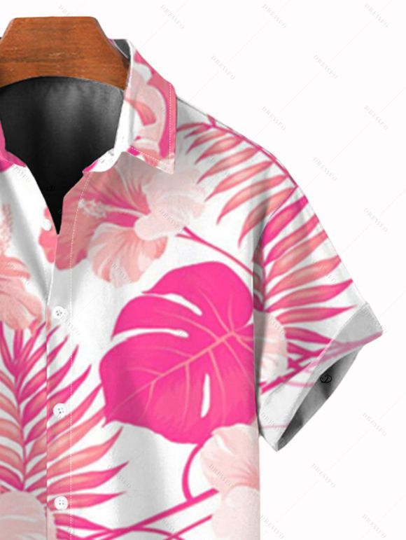 Chemise de vacances pour homme, imprimé floral et feuilles, à boutons - Rose 5XL