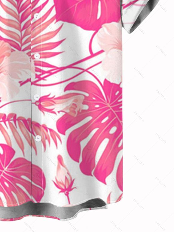 Chemise de vacances pour homme, imprimé floral et feuilles, à boutons - Rose 5XL