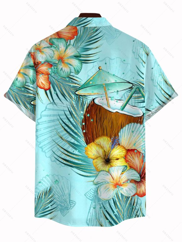 Chemise de vacances pour homme, imprimé floral coloré et feuilles de cocotier, à boutons - Vert clair 5XL