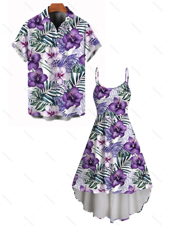 Vacation Couple Outfit Floral Leaf Print High Low Dress and Shirt Set - Violet clair S | US 4