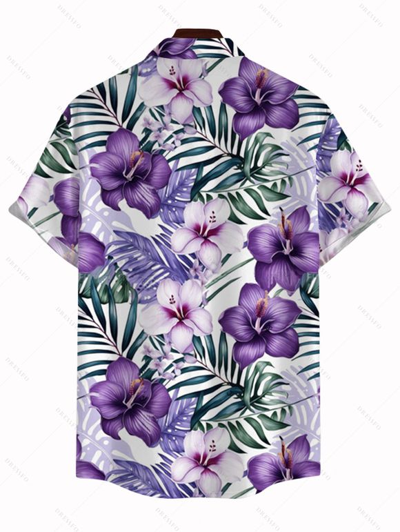 Chemise de vacances pour homme, imprimé floral et feuilles, à boutons - Violet clair 5XL