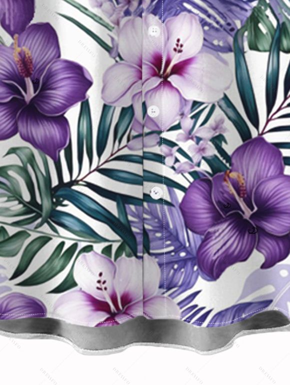 Vacation Couple Outfit Floral Leaf Print High Low Dress and Shirt Set - Violet clair S | US 4