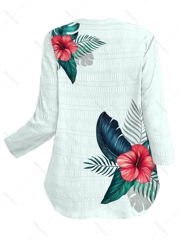 Chemise de vacances à manches retroussées, imprimé floral et feuilles colorées - Vert clair XXL | US 14