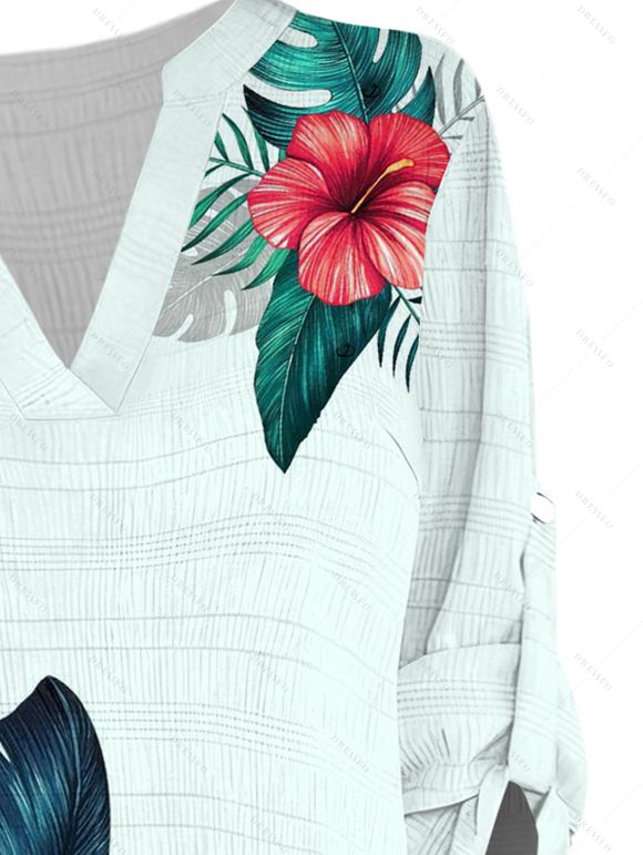 Chemise de vacances à manches retroussées, imprimé floral et feuilles colorées - Vert clair XXL | US 14