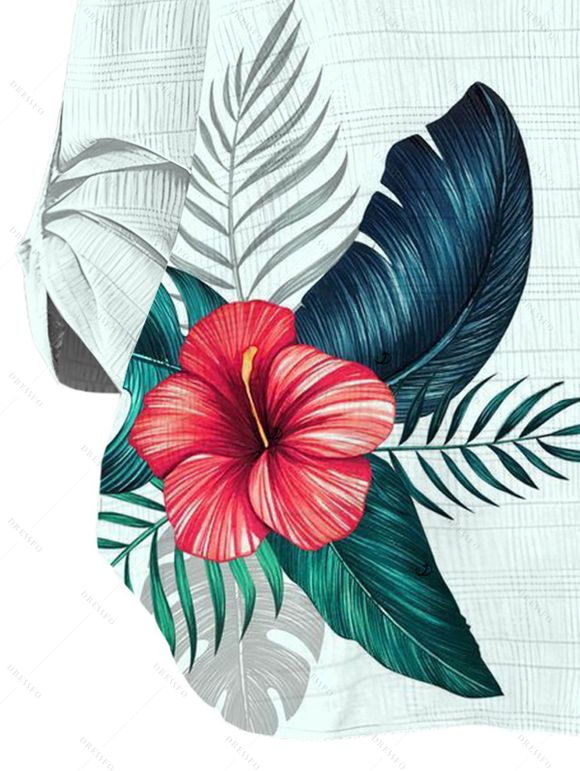Chemise de vacances à manches retroussées, imprimé floral et feuilles colorées - Vert clair XXL | US 14