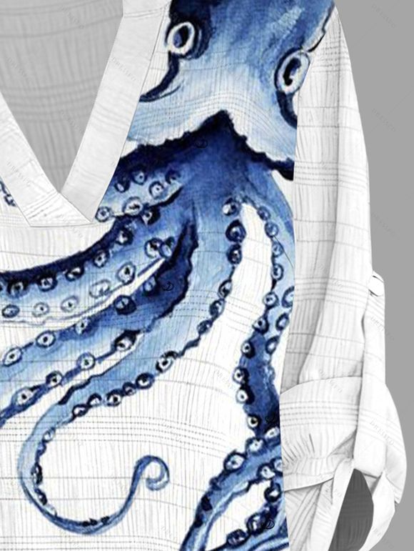 Chemise de vacances à manches retroussées avec imprimé pieuvre - Blanc M | US 6