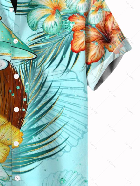 Vacation Couple Outfit Colored Floral Coconut Leaf Print Ruched Dress and Shirt Set - Vert clair S | US 4