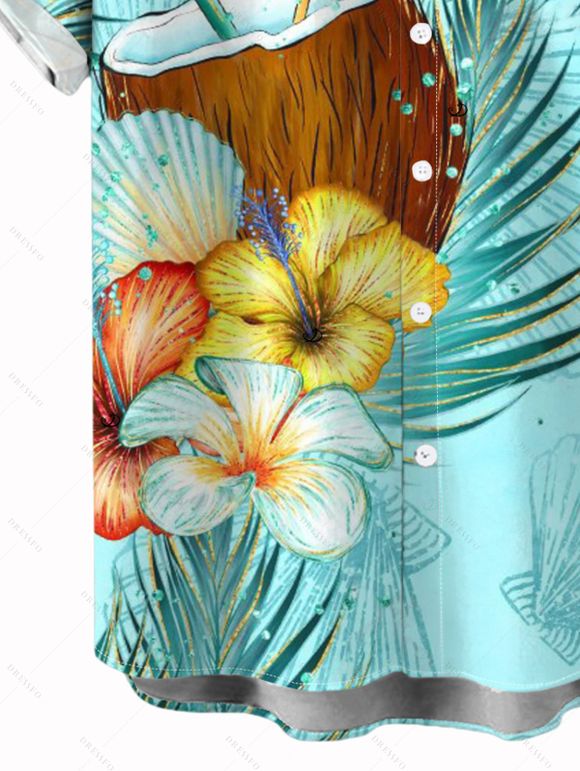 Vacation Couple Outfit Colored Floral Coconut Leaf Print Ruched Dress and Shirt Set - Vert clair S | US 4