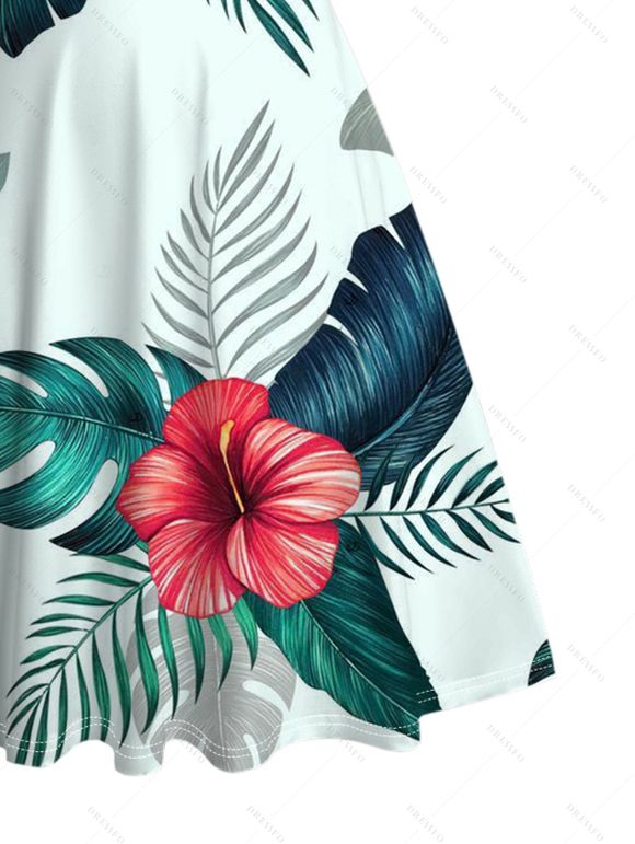 Vacation Couple Outfit Flower Leaf Print Ruched Bust Dress and Shirt Set - Vert clair S | US 4