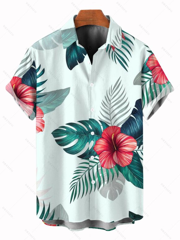 Vacation Couple Outfit Flower Leaf Print Ruched Bust Dress and Shirt Set - Vert clair S | US 4
