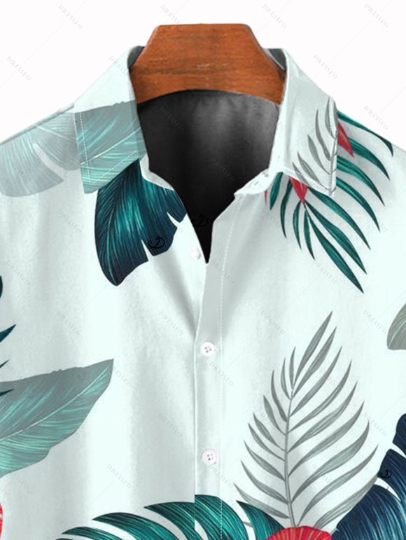 Vacation Couple Outfit Flower Leaf Print Ruched Bust Dress and Shirt Set - Vert clair S | US 4