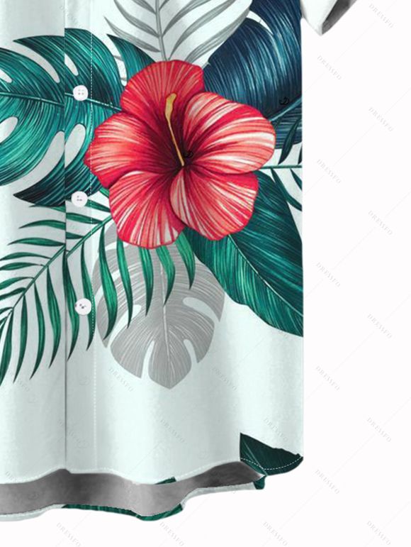 Vacation Couple Outfit Flower Leaf Print Ruched Bust Dress and Shirt Set - Vert clair S | US 4