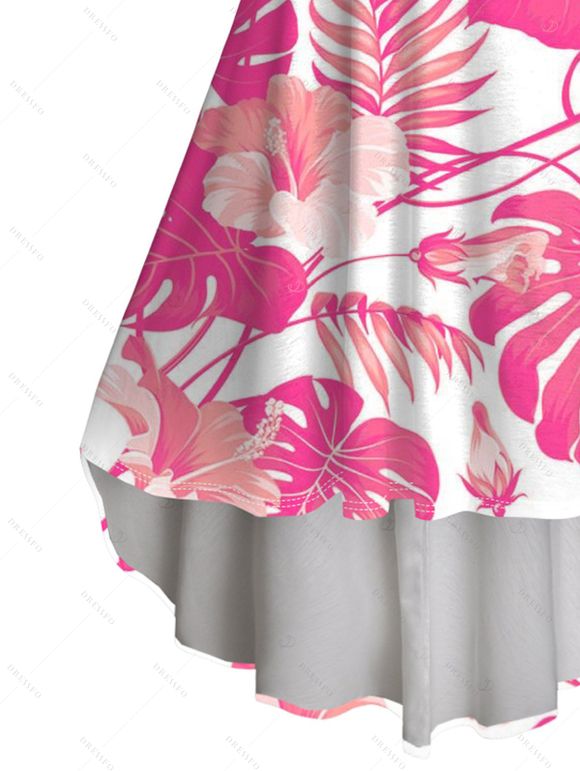 Vacation Couple Outfit Allover Floral Leaf Print High Low Midi Dress and Shirt Set - Rose S | US 4