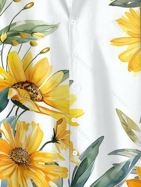 Chemise de vacances pour homme, imprimé feuilles de tournesol, boutonnée - Jaune 5XL