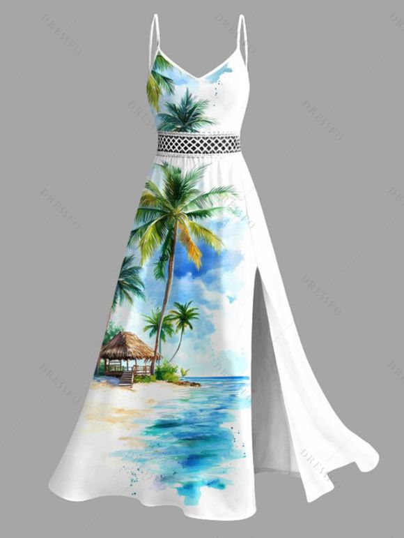 Vacation Couple Outfit Beach Coconut Tree Print Slit Dress and Shirt Set - Bleu Ciel S | US 4