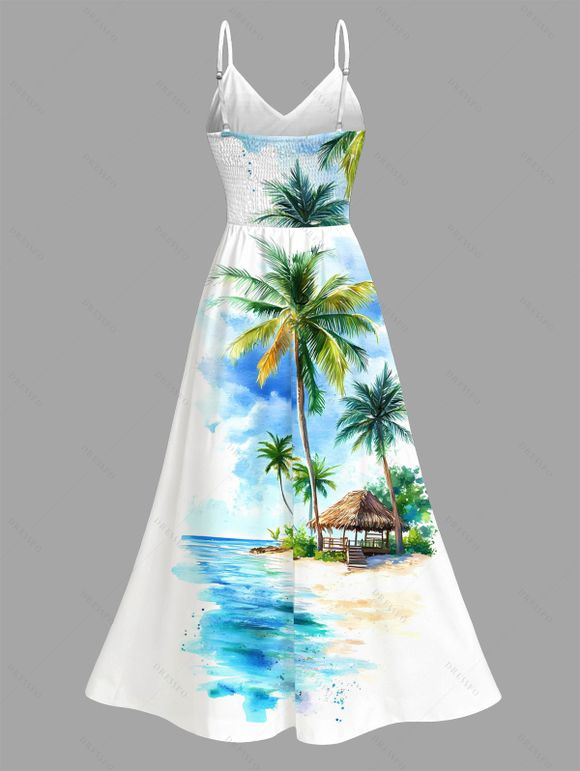 Vacation Couple Outfit Beach Coconut Tree Print Slit Dress and Shirt Set - Bleu Ciel S | US 4