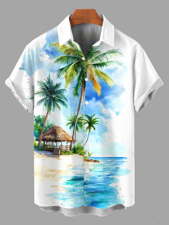 Vacation Couple Outfit Beach Coconut Tree Print Slit Dress and Shirt Set - Bleu Ciel S | US 4