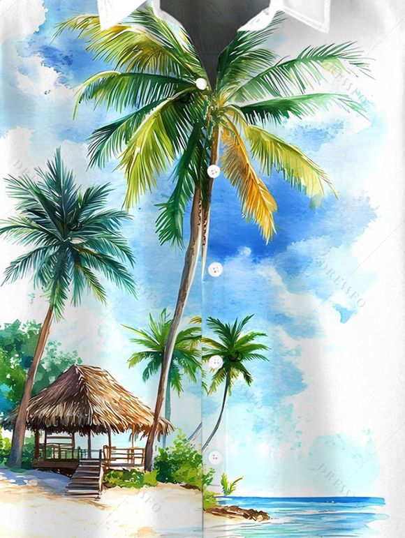 Chemise de vacances pour homme, imprimé cocotier, à boutons - Bleu Ciel 5XL