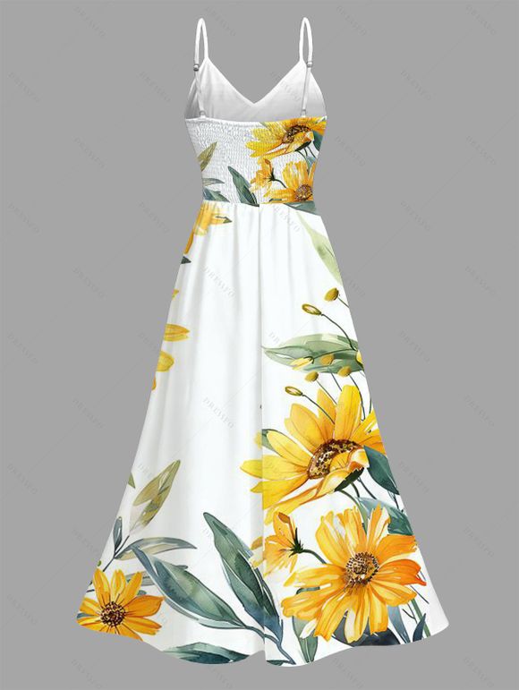 Vacation Couple Outfit Sunflower Leaf Print Hollow Out Slit Dress and Shirt Set - Jaune S | US 4