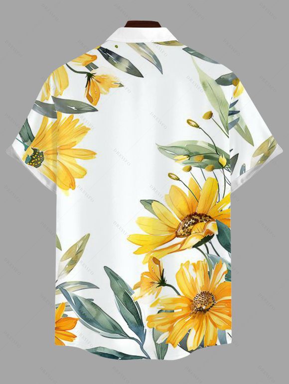 Vacation Couple Outfit Sunflower Leaf Print Hollow Out Slit Dress and Shirt Set - Jaune S | US 4