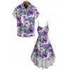 Vacation Couple Outfit Tropical Hibiscus Palm Leaf Print High Low Dress and Shirt Set - Violet clair S | US 4