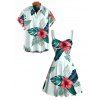 Vacation Couple Outfit Flower Leaf Print Ruched Bust Dress and Shirt Set - Vert clair S | US 4