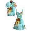 Vacation Couple Outfit Colored Floral Coconut Leaf Print Ruched Dress and Shirt Set - Vert clair S | US 4