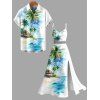 Vacation Couple Outfit Beach Coconut Tree Print Slit Dress and Shirt Set - Bleu Ciel S | US 4