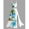 Vacation Couple Outfit Beach Coconut Tree Print Slit Dress and Shirt Set - Bleu Ciel S | US 4