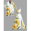 Vacation Couple Outfit Sunflower Leaf Print Hollow Out Slit Dress and Shirt Set - Jaune S | US 4