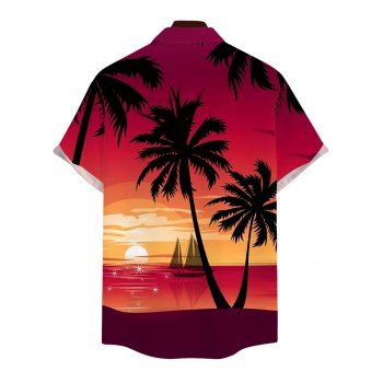 Vacation Couple Outfit Coconut Tree Sunset Print Ruched Belt Dress and Shirt Set