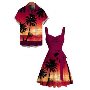 Vacation Couple Outfit Coconut Tree Sunset Print Ruched Belt Dress and Shirt Set