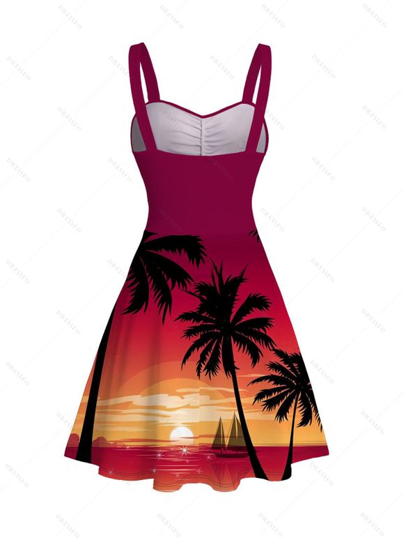 Robe de vacances imprimée coucher de soleil sur un cocotier avec ceinture froncée - Grenade rouge XXXXXL | US 20