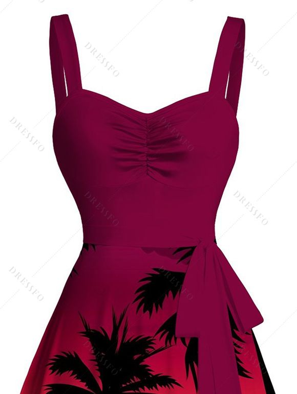 Robe de vacances imprimée coucher de soleil sur un cocotier avec ceinture froncée - Grenade rouge XXXXXL | US 20